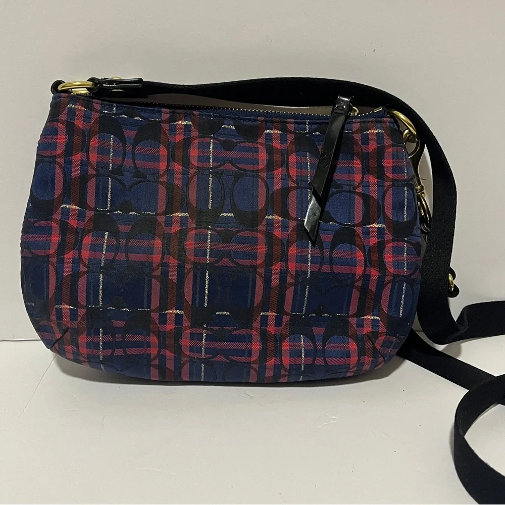 Coach Signature Blue Red Tartan Plaid Crossbody Handbag Purse